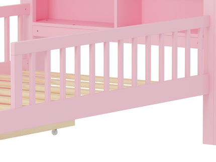 Bed With Headboard Storage Rack, 2 Under Bed Drawers, 3 Side Guardrails For Safety