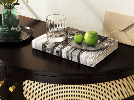 Boho Rattan Semi Circle End Table With Sliding Rattan Door, Storage And Bottom Shelf