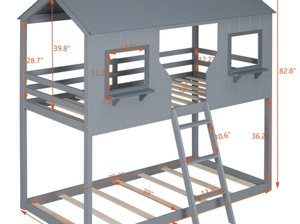 Twin Over Twin Bunk Bed With Roof, Window, Guardrail, Ladder