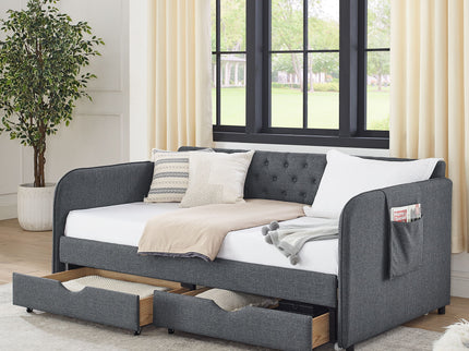 Daybed With Trundle And Storage Drawers, Flat Arms With Pocket