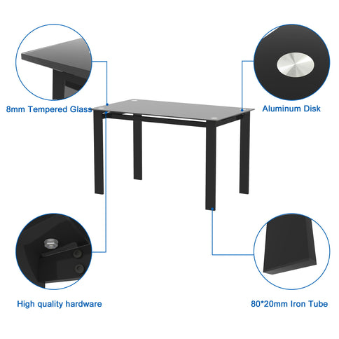Modern 5 Piece Dining Table Set With Glass Top And Chairs - Black