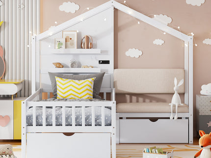 House Bed With Upholstered Sofa, Wireless Charging Station, Shelves And 2 Drawers