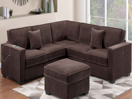 4 Piece Sectional Set With USB Ports, Left Arm Facing / Right Arm Facing Loveseat, Corner Wedge, Cocktail Ottoman, 2 Pillows - Chocolate
