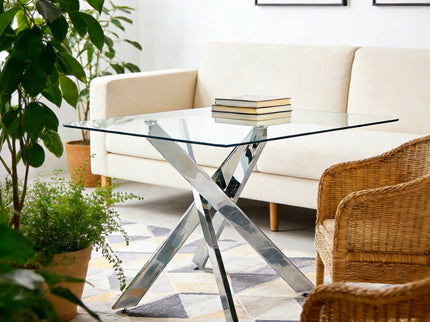 Dining Table With Cross Metal Leg And Tempered Glass, Modern Space Saving Kitchen Table For Living Room Legs, Square Table