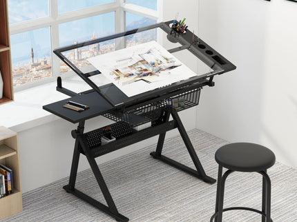 Adjustable Tempered Glass Drafting Printing Table With Chair