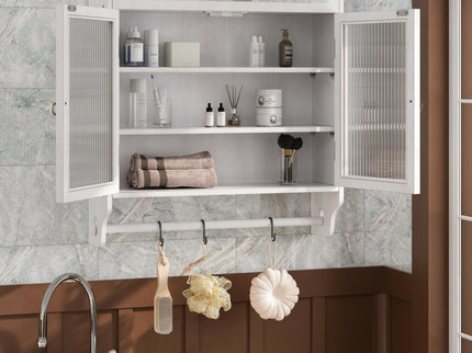 Vintage Double Door Wall Cabinet With Three Tiers Storage And Towel Rack - White Washed