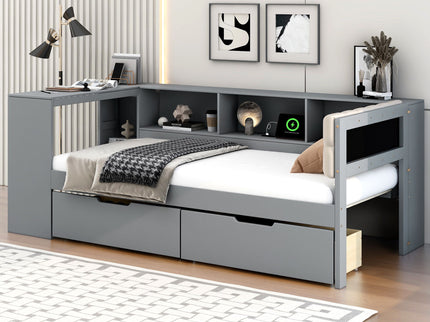 Upholstered Headboard Platform Bed With Storage Shelves, Drawers, Charging Station