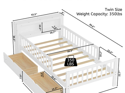 Bed With Headboard Storage Rack, 2 Under Bed Drawers, 3 Side Guardrails For Safety