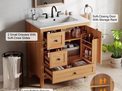 Modern Bathroom Vanity With Sink, Soft Close Drawers & Door, Storage Rack