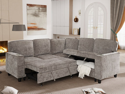 L-Shaped Sofa With Pull Out Sofa Bed With USB