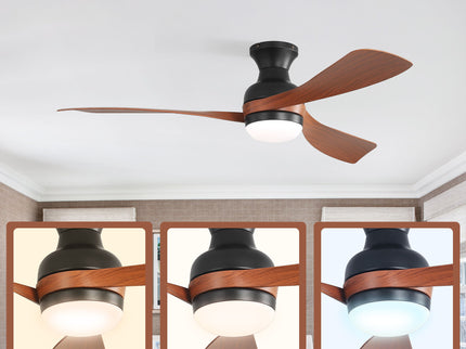 Ceiling Fan With Remote Controlled LED Light, 3 Blades, Reversible DC Motor, 6 Speeds, Dimmable, Flush Mount - Black