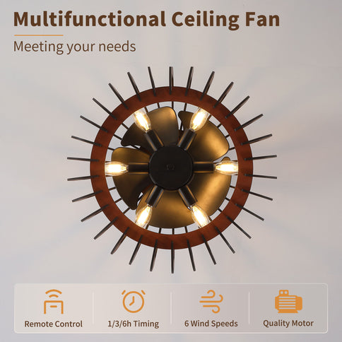 Ceiling Fan, Fandelier With 6 E12 Sockets, Reversible DC Motor, 6 Speeds, Remote Control, Adjustable Hanging - Black / Brown