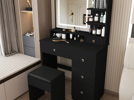 Vanity Desk With Mirror, 3 Color Lighting And Stool