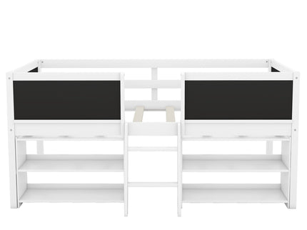 Low Loft Bed With Movable Shelves And Ladder, Decorative Chalkboard Guardrail