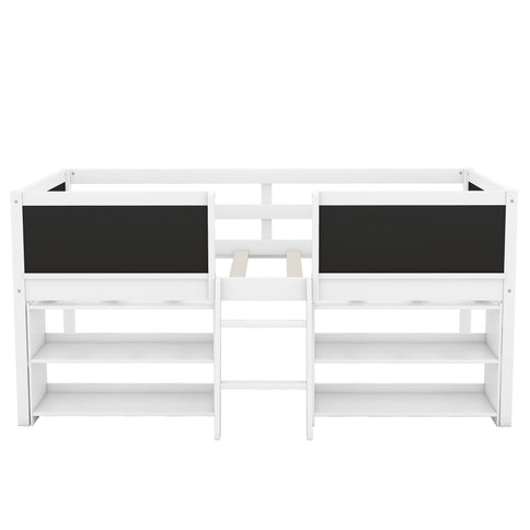 Low Loft Bed With Movable Shelves And Ladder, Decorative Chalkboard Guardrail