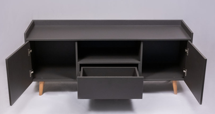 TV Stand For TVs Up To 60" With Open Storage Shelf, 2 Doors, 1 Drawer And Cable Management