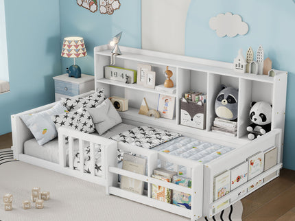 Platform Bed Frame With Guardrail, Storage Shelves & Bookshelf