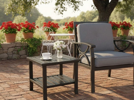 Square 2 Tier All-Weather Outdoor Side Table With Slatted Top