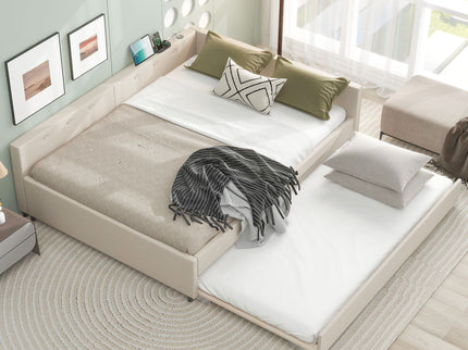Queen Size Upholstered Platform Bed With USB And Twin Trundle - Beige