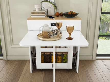 Extendable Dining Table With Power Socket, Lockable Casters, Storage Cabinet
