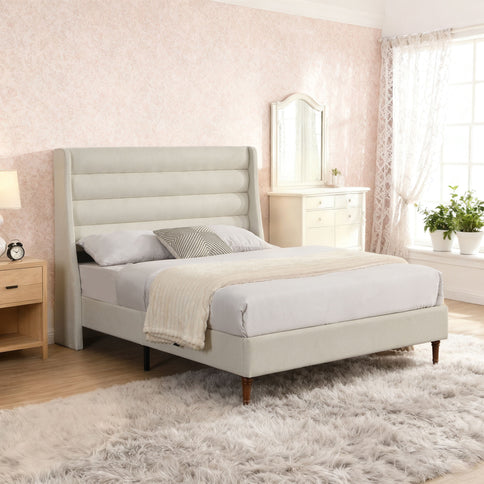 Modern Upholstered Platform Bed With Wave Shaped Headboard