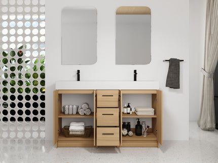 Double Sink Bathroom Vanity With 3 Drawers, Large Storage, Integrated Sink, Freestanding Cabinet, Soft Close Hardware - Glossy White / Light Oak