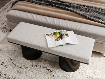 Upholstered Bench With Black Chunky Legs Boucle Contemporary Style Bed-End Bench For Bedroom Living Room - Light Gray