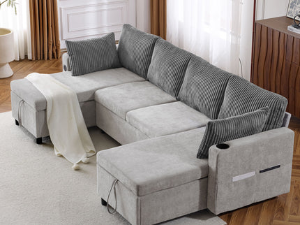 Sectional Sofa Bed With Pull Out Sleeper, USB Ports, Cup Holders