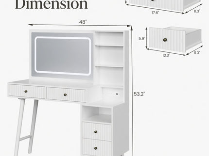 Fluted Vanity Desk With Lighted Mirror & Outlet 4 Drawer, Makeup Table - White