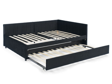Full Size Upholstered Daybed With Trundle, Tufted Backrest And Armrests - Black