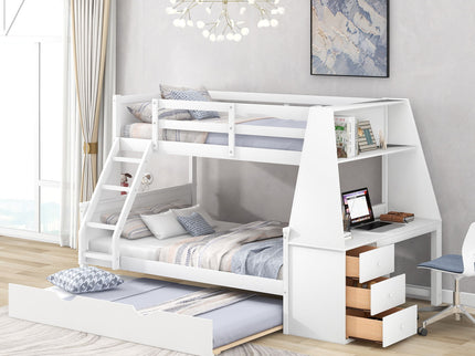 Bunk Bed With Trundle And Built In Desk, 3 Storage Drawers And Shelf