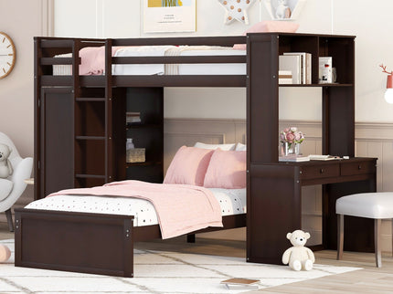 Loft Bed With A Stand Alone Bed, Shelves, Desk, And Wardrobe