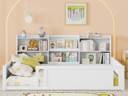 Platform Floor Bed With Guardrail Fence And Side Storage Shelves