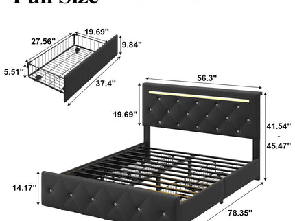Upholstered Bed Frame With LED Lights, 4 Storage Drawers, Charging Station
