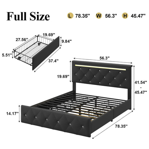 Upholstered Bed Frame With LED Lights, 4 Storage Drawers, Charging Station