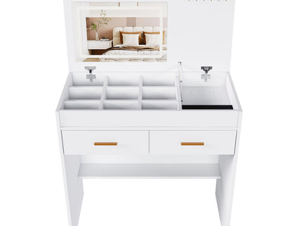 Flip Top Vanity Desk With LED Mirror & Outlet Makeup Table With 2 Drawers, Open Storage, And Jewelry Hooks - White