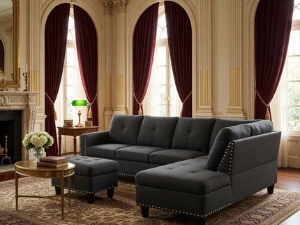 L - Shaped 3 Piece Sectional Sofa With Chaise, Storage Ottoman & Cup Holders