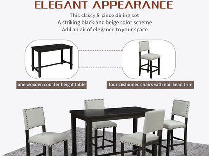 5 Piece Counter Height Dining Set, Classic Elegant Table And 4 Chairs - Espresso / Beige