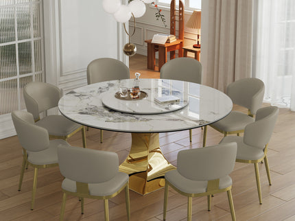 Luxury Round 59" Sintered Stone Dining Table With Stainless Steel Hourglass Base, Scratch & Heat Resistant Surface - Golden / White