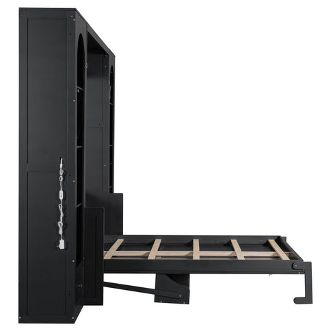 French Style Murphy Platform Bed With Shelf, Side Cabinets, Drawers And LED