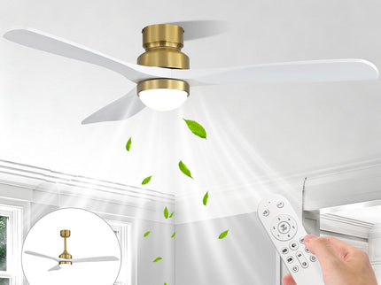 52" Ceiling Fan With Light And DC Motor, Flush Mount / Downrod, Ideal For Living Room - Gold / White