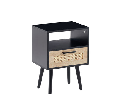 15.75" Rattan End Table With Drawer And Solid Wood Legs, Modern Nightstand, Side Table For Living Room, Bedroom