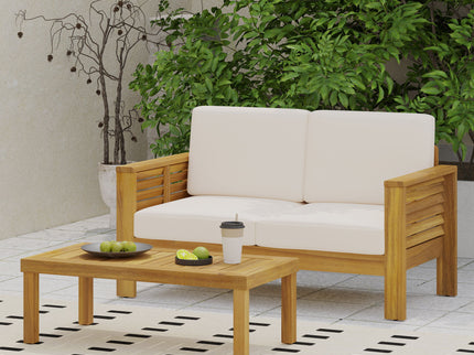 Acacia Wood Loveseat And Coffee Table Set With Cushions
