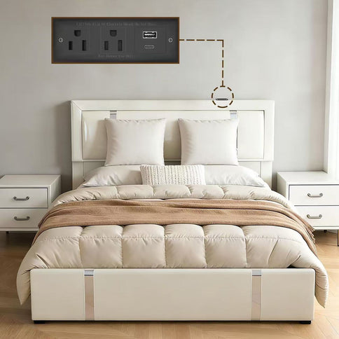 Upholstered Platform Bed Frame With Adjustable LED Headboard, USB C-Charging, Hydraulic Lift