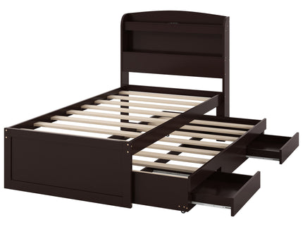 Platform Bed With LED Headboard, Charging Station, Trundle And 2 Drawers
