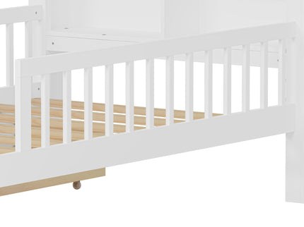 Bed With Headboard Storage Rack, 2 Under Bed Drawers, 3 Side Guardrails For Safety