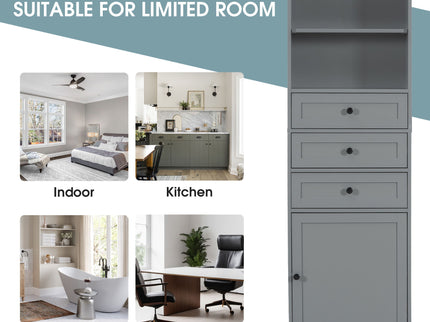 Tall Storage Cabinet With 3 Drawers And Adjustable Shelves For Bathroom