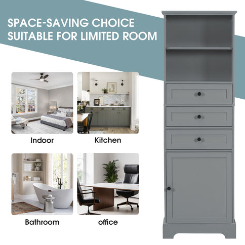 Tall Storage Cabinet With 3 Drawers And Adjustable Shelves For Bathroom