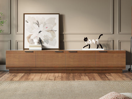 TV Stand, Entertainment Center With Fluted Door & Cable Management, Soft Closing Hinges - Walnut