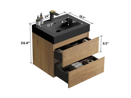 Alice - Natural Oak Bathroom Vanity With Sink, Large Storage Wall Mounted Floating Bathroom Vanity For Modern Bathroom, One-Piece Sink Basin Without Drain